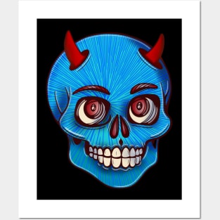 Blue striped skull with red devil’s horns Posters and Art